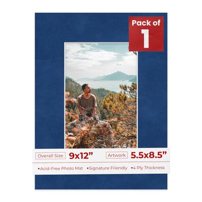 9x12 Mat Bevel Cut for 5.5x8.5 Photos - Acid Free Brooke Blue Suede Precut Matboard With Backing Board and Crystal Clear, Self Seal Photo Mat Bag - For Pictures, Photos, Framing - 4-ply Thickness