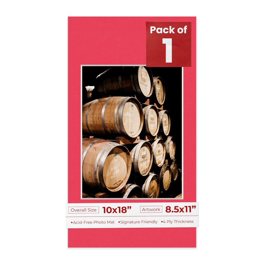 10x18 Mat Bevel Cut for 8.5x11 Photos - Acid Free Cardinal Red Precut Matboard With Backing Board and Crystal Clear, Self Seal Photo Mat Bag - For Pictures, Photos, Framing - 4-ply Thickness
