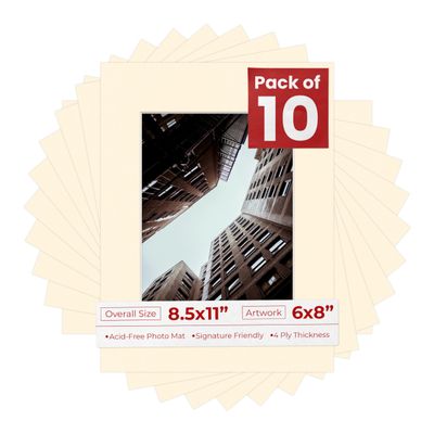 Poster Palooza Pack of Ten Acid Free 8.5x11 Mats Bevel Cut for 6x8 Photos - Cream Precut Matboards With Backing Boards and Self Seal Photo Mat Bags For Pictures, Photos, Framing - 4-ply Thickness