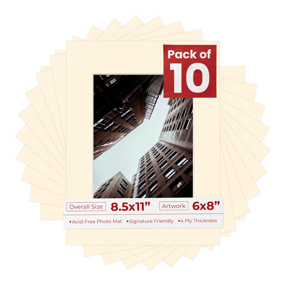 Poster Palooza Pack of Ten Acid Free 8.5x11 Mats Bevel Cut for 6x8 Photos - Cream Precut Matboards With Backing Boards and Self Seal Photo Mat Bags For Pictures, Photos, Framing - 4-ply Thickness