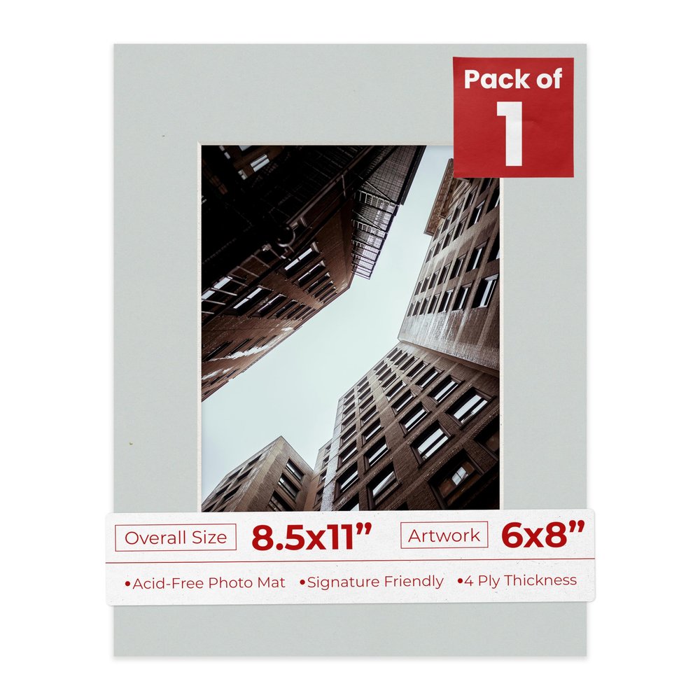 Poster Palooza 8.5x11 Mat Bevel Cut for 6x8 Photos - Acid Free Grey Precut Matboard - For Pictures, Photos, Framing - 4-ply Thickness