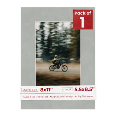 8x11 Mat Bevel Cut for 5.5x8.5 Photos - Acid Free Light Grey Suede Precut Matboard With Backing Board and Crystal Clear, Self Seal Photo Mat Bag - For Pictures, Photos, Framing - 4-ply Thickness