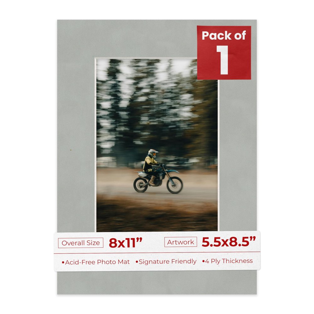 8x11 Mat Bevel Cut for 5.5x8.5 Photos - Acid Free Light Grey Suede Precut Matboard With Backing Board and Crystal Clear, Self Seal Photo Mat Bag - For Pictures, Photos, Framing - 4-ply Thickness