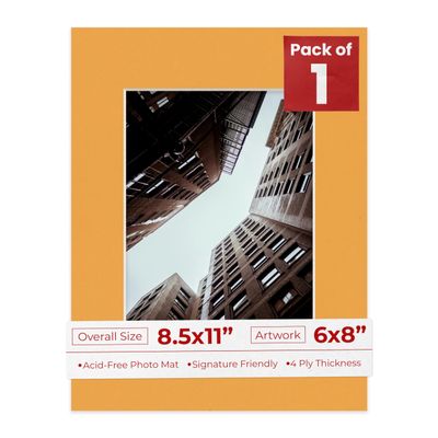 Poster Palooza 8.5x11 Mat Bevel Cut for 6x8 Photos - Acid Free Golden Orange Precut Matboard - For Pictures, Photos, Framing - 4-ply Thickness