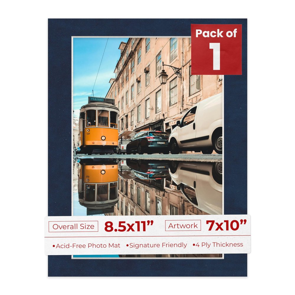 8.5x11 Mat Bevel Cut for 7x10 Photos - Acid Free Navy Suede Precut Matboard With Backing Board and Crystal Clear, Self Seal Photo Mat Bag - For Pictures, Photos, Framing - 4-ply Thickness