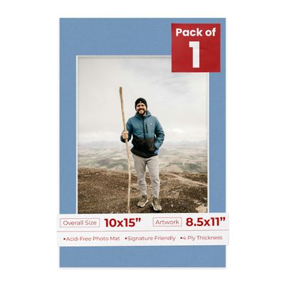 10x15 Mat Bevel Cut for 8.5x11 Photos - Acid Free Brittany Blue Precut Matboard With Backing Board and Crystal Clear, Self Seal Photo Mat Bag - For Pictures, Photos, Framing - 4-ply Thickness