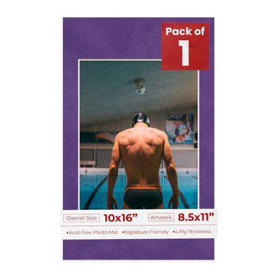 10x16 Mat Bevel Cut for 8.5x11 Photos - Acid Free Purple Crocus Suede Precut Matboard With Backing Board and Crystal Clear, Self Seal Photo Mat Bag - For Pictures, Photos, Framing - 4-ply Thickness