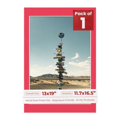 13x19 Mat Bevel Cut for 11.7x16.5 Photos - Acid Free Cardinal Red Precut Matboard With Backing Board and Crystal Clear, Self Seal Photo Mat Bag - For Pictures, Photos, Framing - 4-ply Thickness