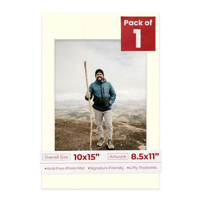 10x15 Mat Bevel Cut for 8.5x11 Photos - Acid Free Textured Cream Precut Matboard With Backing Board and Crystal Clear, Self Seal Photo Mat Bag - For Pictures, Photos, Framing - 4-ply Thickness