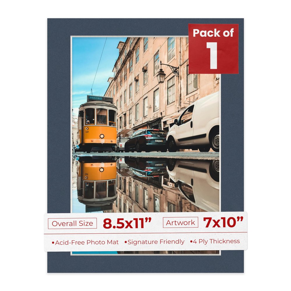 Poster Palooza 8.5x11 Mat Bevel Cut for 7x10 Photos - Acid Free Navy Precut Matboard With Backing Board and Crystal Clear, Self Seal Photo Mat Bag - For Pictures, Photos, Framing - 4-ply Thickness