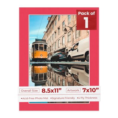 8.5x11 Mat Bevel Cut for 7x10 Photos - Acid Free Cardinal Red Precut Matboard With Backing Board and Crystal Clear, Self Seal Photo Mat Bag - For Pictures, Photos, Framing - 4-ply Thickness