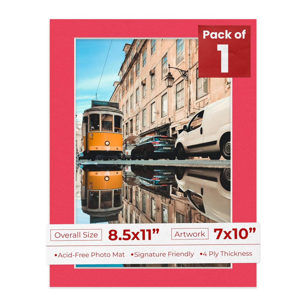 8.5x11 Mat Bevel Cut for 7x10 Photos - Acid Free Cardinal Red Precut Matboard With Backing Board and Crystal Clear, Self Seal Photo Mat Bag - For Pictures, Photos, Framing - 4-ply Thickness