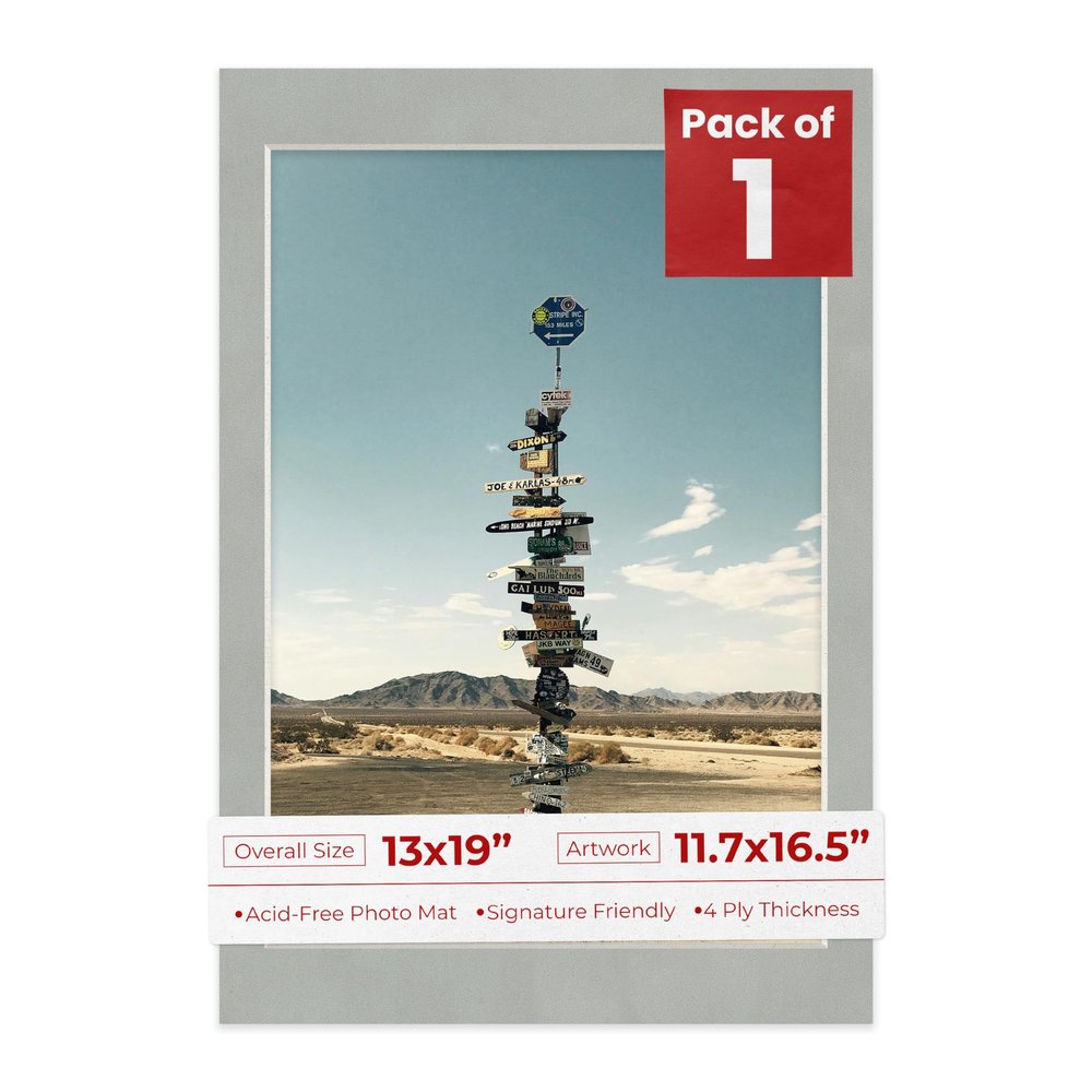 13x19 Mat Bevel Cut for 11.7x16.5 Photos - Acid Free Light Grey Suede Precut Matboard With Backing Board and Crystal Clear, Self Seal Photo Mat Bag - For Pictures, Photos, Framing - 4-ply Thickness
