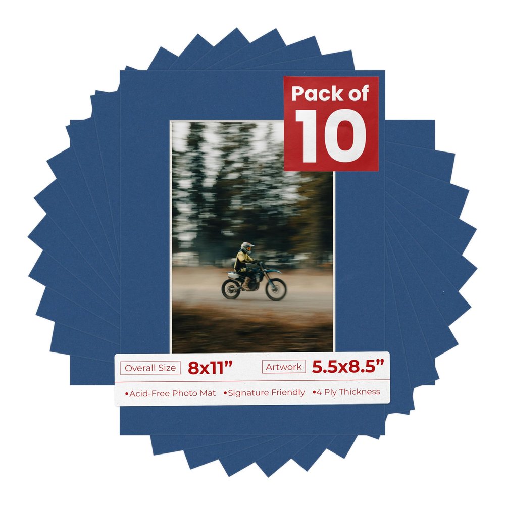 Pack of Ten Acid Free 8x11 Mats Bevel Cut for 5.5x8.5 Photos - Bottle Blue Precut Matboards With Backing Boards and Self Seal Photo Mat Bags For Pictures, Photos, Framing - 4-ply Thickness