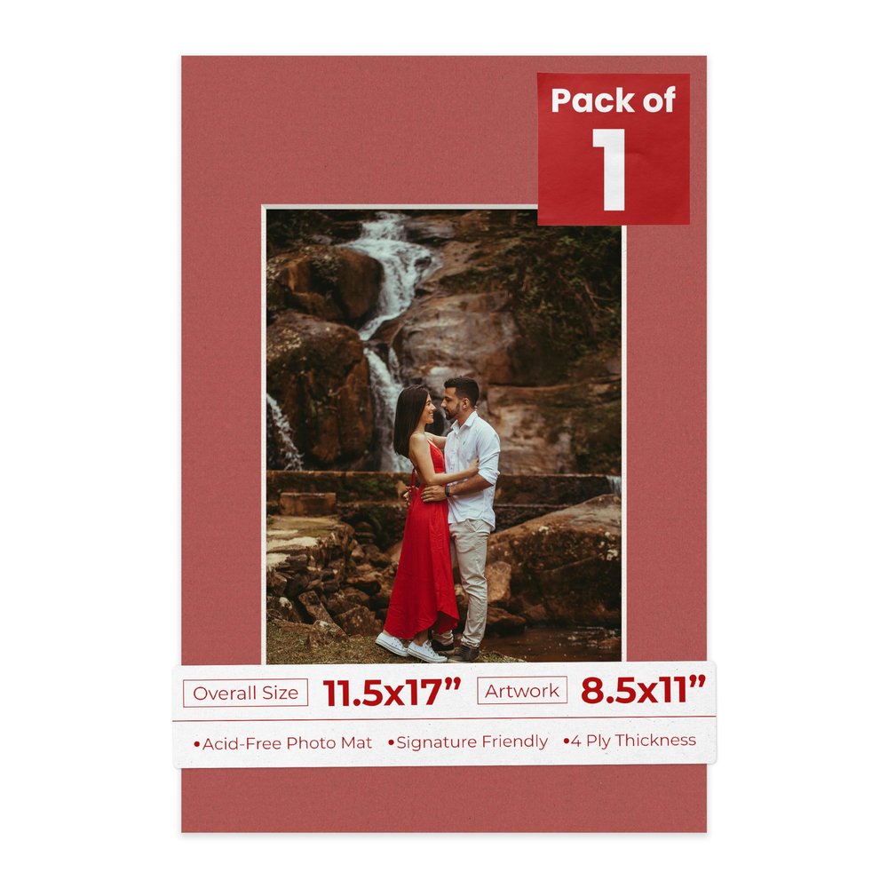 11.5x17 Mat Bevel Cut for 8.5x11 Photos - Acid Free Brick Red Precut Matboard With Backing Board and Crystal Clear, Self Seal Photo Mat Bag - For Pictures, Photos, Framing - 4-ply Thickness