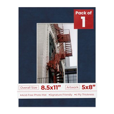 8.5x11 Mat Bevel Cut for 5x8 Photos - Acid Free Navy Suede Precut Matboard With Backing Board and Crystal Clear, Self Seal Photo Mat Bag - For Pictures, Photos, Framing - 4-ply Thickness