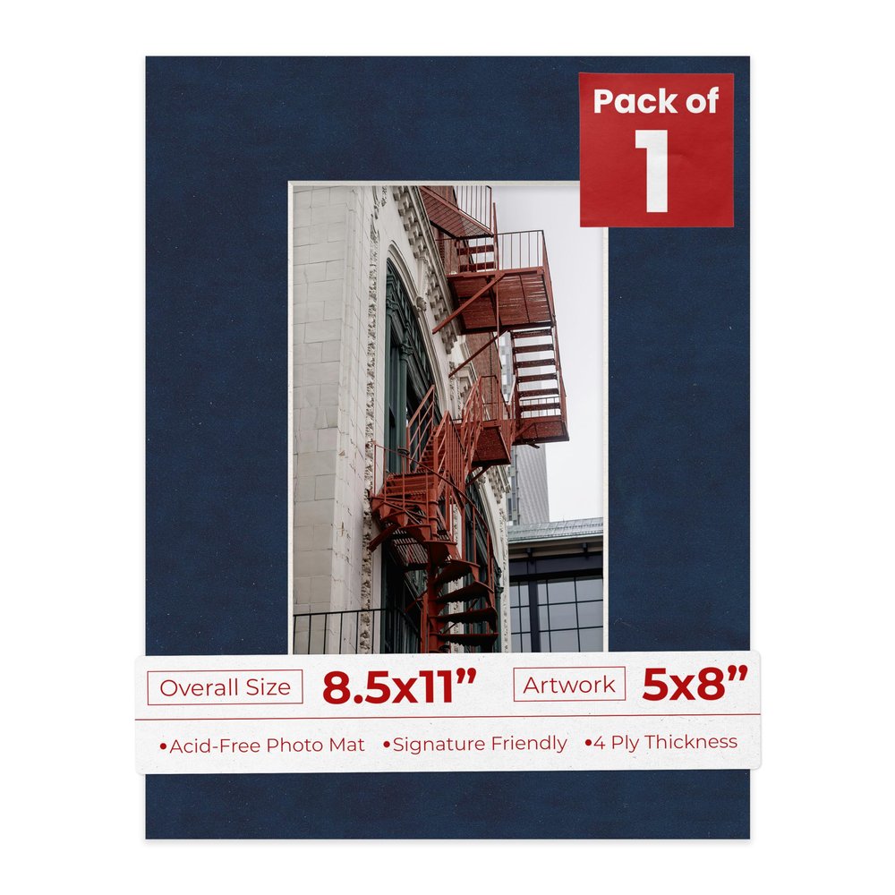 8.5x11 Mat Bevel Cut for 5x8 Photos - Acid Free Navy Suede Precut Matboard With Backing Board and Crystal Clear, Self Seal Photo Mat Bag - For Pictures, Photos, Framing - 4-ply Thickness