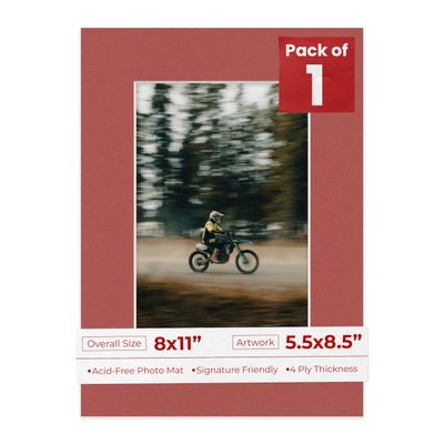8x11 Mat Bevel Cut for 5.5x8.5 Photos - Acid Free Brick Red Precut Matboard With Backing Board and Crystal Clear, Self Seal Photo Mat Bag - For Pictures, Photos, Framing - 4-ply Thickness