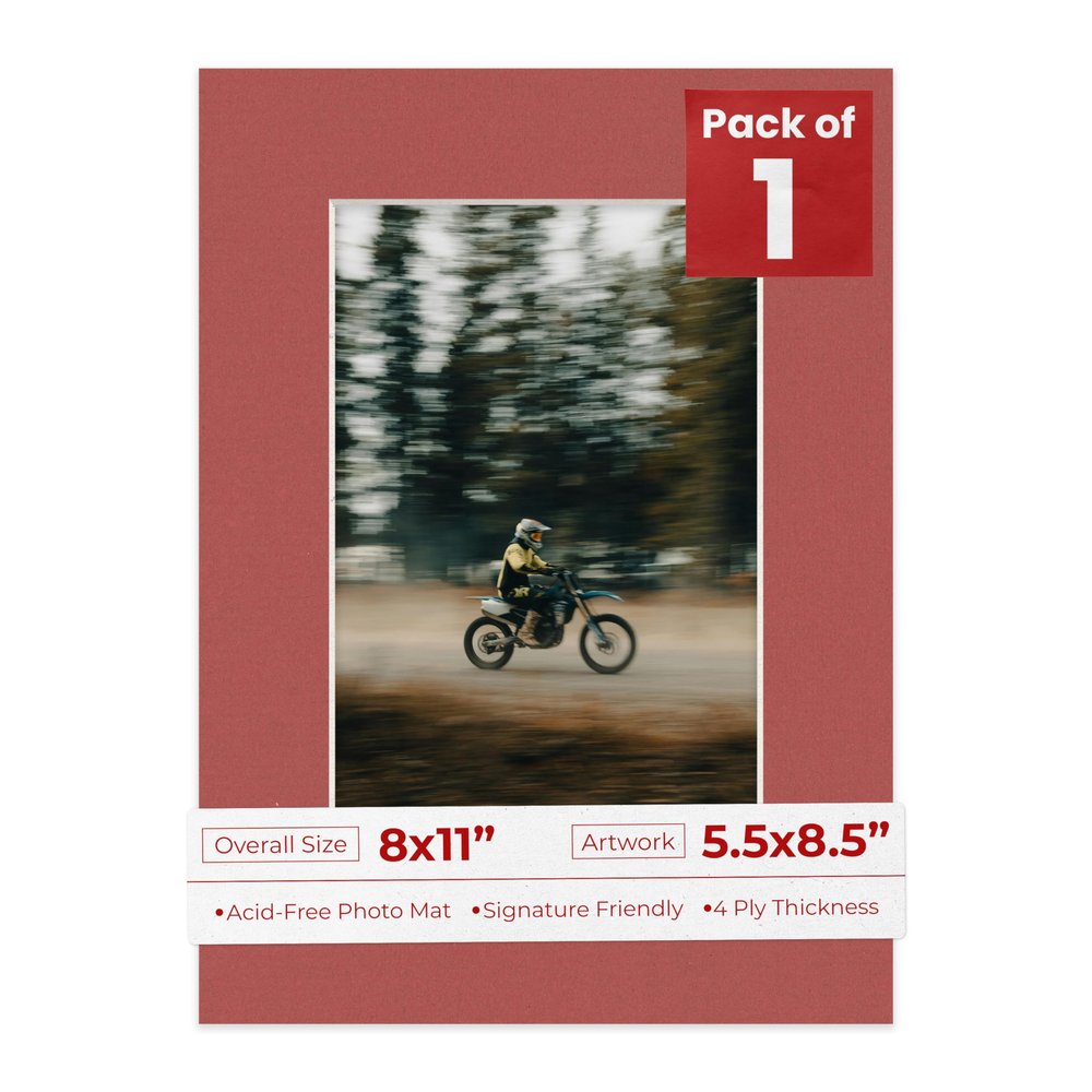 8x11 Mat Bevel Cut for 5.5x8.5 Photos - Acid Free Brick Red Precut Matboard With Backing Board and Crystal Clear, Self Seal Photo Mat Bag - For Pictures, Photos, Framing - 4-ply Thickness