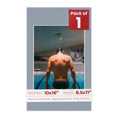 10x16 Mat Bevel Cut for 8.5x11 Photos - Acid Free Mid Grey Precut Matboard With Backing Board and Crystal Clear, Self Seal Photo Mat Bag - For Pictures, Photos, Framing - 4-ply Thickness