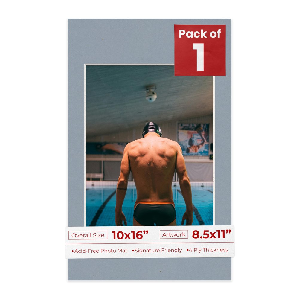 10x16 Mat Bevel Cut for 8.5x11 Photos - Acid Free Mid Grey Precut Matboard With Backing Board and Crystal Clear, Self Seal Photo Mat Bag - For Pictures, Photos, Framing - 4-ply Thickness