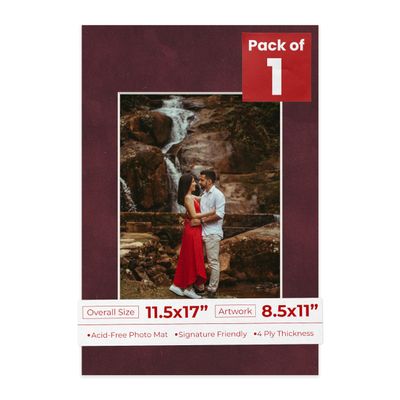 Poster Palooza 11.5x17 Mat Bevel Cut for 8.5x11 Photos - Acid Free Dark Red Suede Precut Matboard - For Pictures, Photos, Framing - 4-ply Thickness