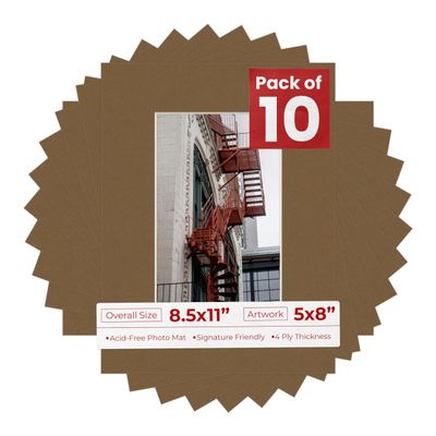 Pack of Ten Acid Free 8.5x11 Mats Bevel Cut for 5x8 Photos - Aged Oak Brown Precut Matboards With Backing Boards and Self Seal Photo Mat Bags For Pictures, Photos, Framing - 4-ply Thickness