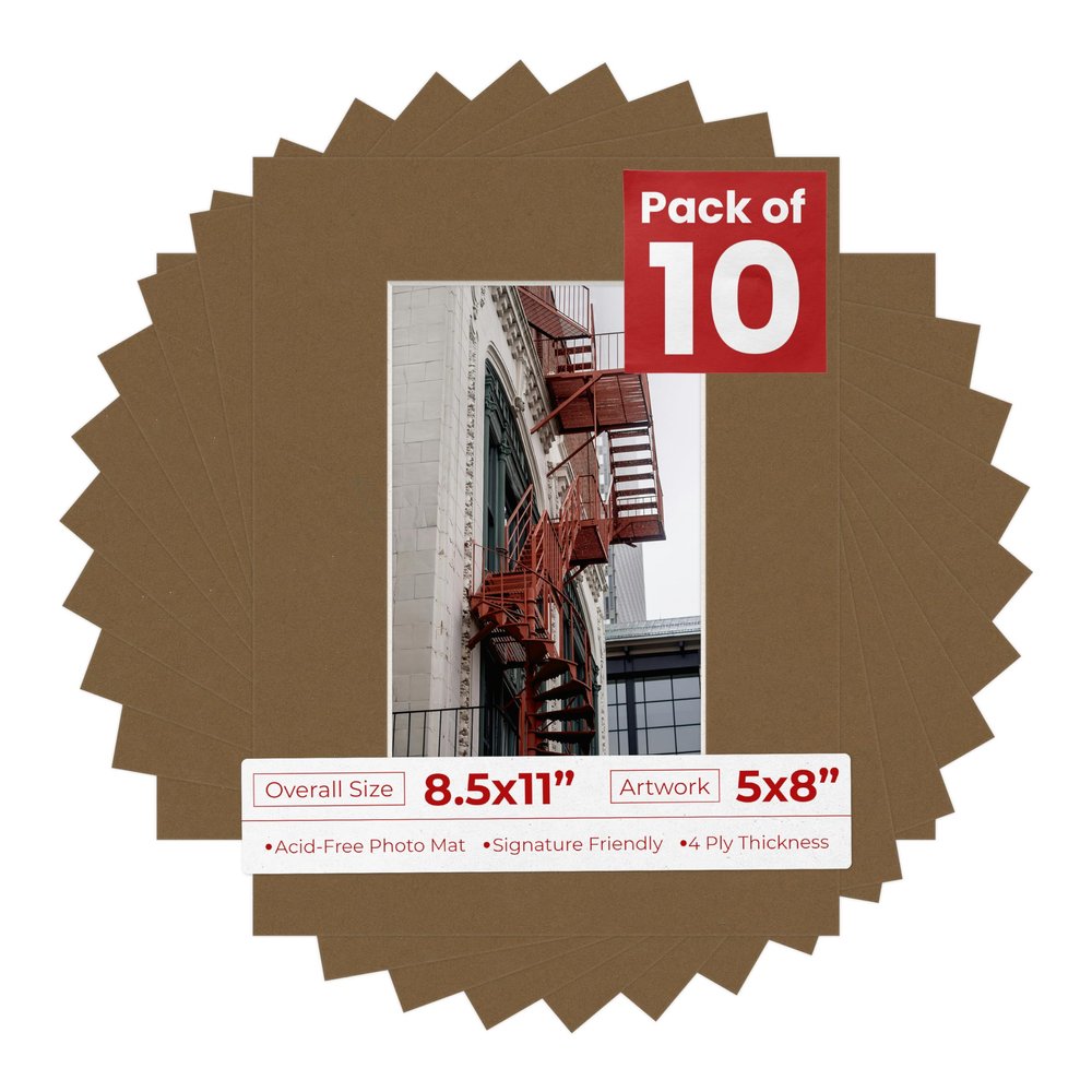 Pack of Ten Acid Free 8.5x11 Mats Bevel Cut for 5x8 Photos - Aged Oak Brown Precut Matboards With Backing Boards and Self Seal Photo Mat Bags For Pictures, Photos, Framing - 4-ply Thickness