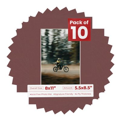 Pack of Ten Acid Free 8x11 Mats Bevel Cut for 5.5x8.5 Photos - Maroon Red Precut Matboards With Backing Boards and Self Seal Photo Mat Bags For Pictures, Photos, Framing - 4-ply Thickness