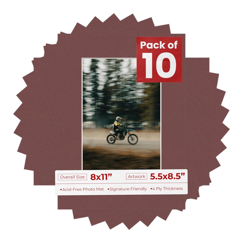 Pack of Ten Acid Free 8x11 Mats Bevel Cut for 5.5x8.5 Photos - Maroon Red Precut Matboards With Backing Boards and Self Seal Photo Mat Bags For Pictures, Photos, Framing - 4-ply Thickness