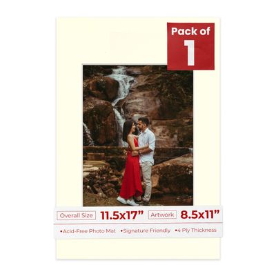 11.5x17 Mat Bevel Cut for 8.5x11 Photos - Acid Free Textured Cream Precut Matboard With Backing Board and Crystal Clear, Self Seal Photo Mat Bag - For Pictures, Photos, Framing - 4-ply Thickness