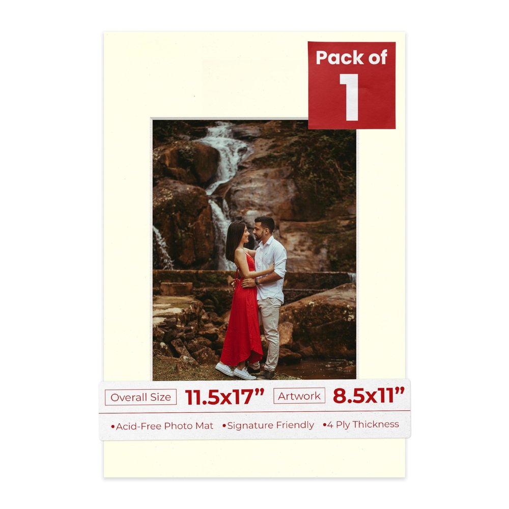 11.5x17 Mat Bevel Cut for 8.5x11 Photos - Acid Free Textured Cream Precut Matboard With Backing Board and Crystal Clear, Self Seal Photo Mat Bag - For Pictures, Photos, Framing - 4-ply Thickness