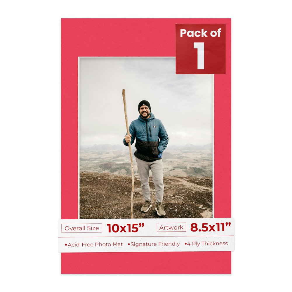 10x15 Mat Bevel Cut for 8.5x11 Photos - Acid Free Cardinal Red Precut Matboard With Backing Board and Crystal Clear, Self Seal Photo Mat Bag - For Pictures, Photos, Framing - 4-ply Thickness