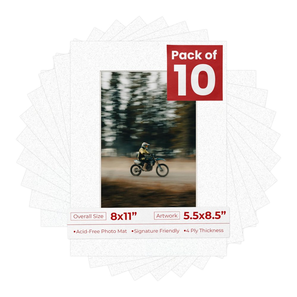 Pack of Ten Acid Free 8x11 Mats Bevel Cut for 5.5x8.5 Photos - Oyster Shell White Precut Matboards With Backing Boards and Self Seal Photo Mat Bags For Pictures, Photos, Framing - 4-ply Thickness