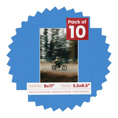 Pack of Ten Acid Free 8x11 Mats Bevel Cut for 5.5x8.5 Photos - Bay Blue Precut Matboards With Backing Boards and Self Seal Photo Mat Bags For Pictures, Photos, Framing - 4-ply Thickness