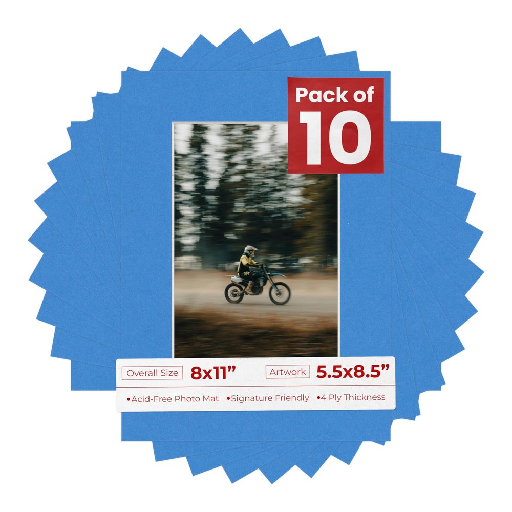 Pack of Ten Acid Free 8x11 Mats Bevel Cut for 5.5x8.5 Photos - Bay Blue Precut Matboards With Backing Boards and Self Seal Photo Mat Bags For Pictures, Photos, Framing - 4-ply Thickness