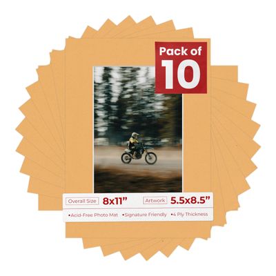 Pack of Ten Acid Free 8x11 Mats Bevel Cut for 5.5x8.5 Photos - Topaz Orange Precut Matboards With Backing Boards and Self Seal Photo Mat Bags For Pictures, Photos, Framing - 4-ply Thickness