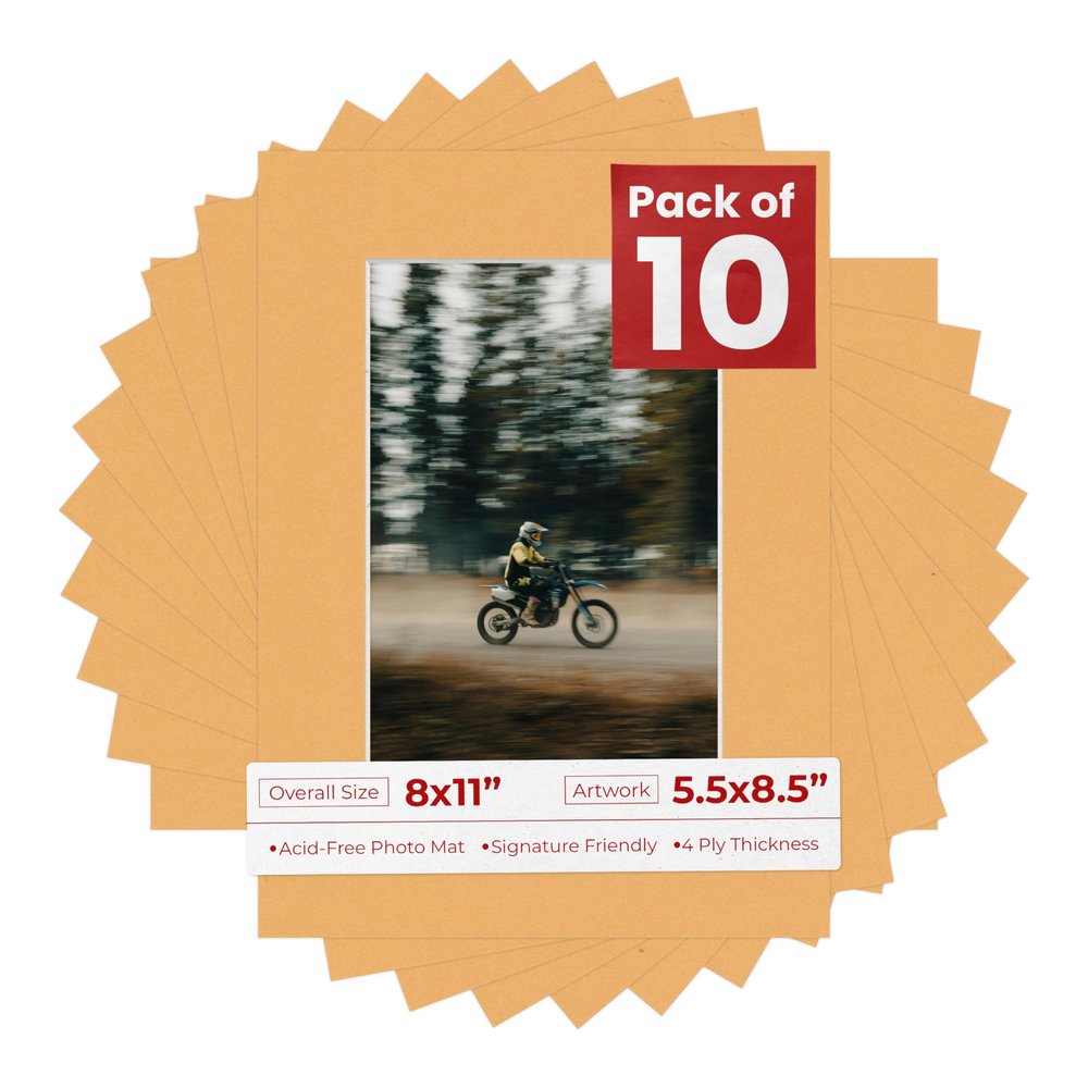 Pack of Ten Acid Free 8x11 Mats Bevel Cut for 5.5x8.5 Photos - Topaz Orange Precut Matboards With Backing Boards and Self Seal Photo Mat Bags For Pictures, Photos, Framing - 4-ply Thickness