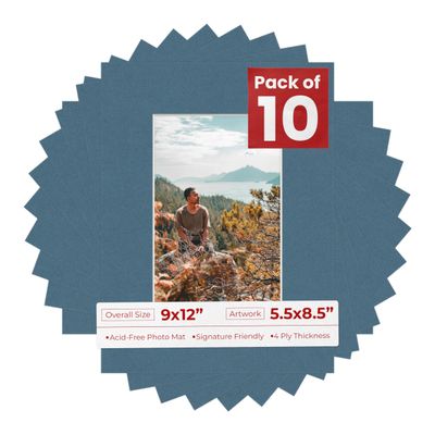 Poster Palooza Pack of Ten 9x12 Mats Bevel Cut for 5.5x8.5 Photos - Acid Free Steel Blue Precut Matboards for Pictures, Photos, Framing - 4-ply Thickness