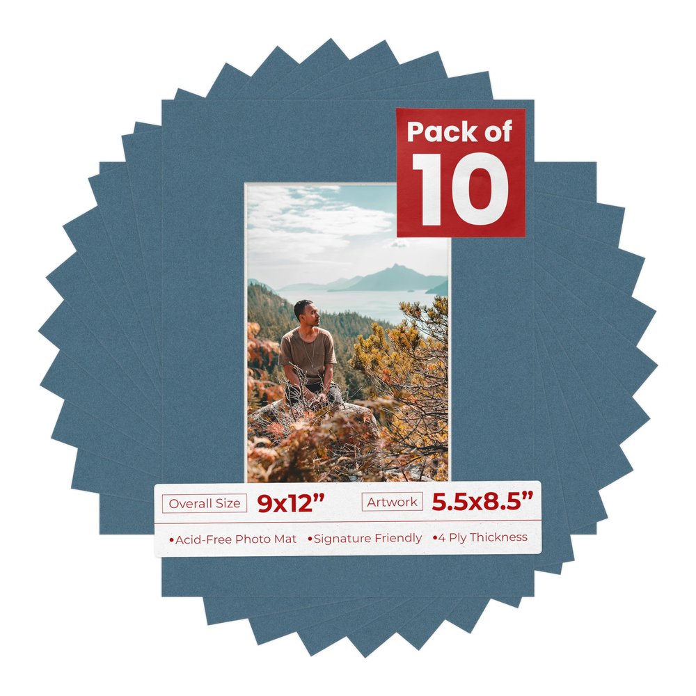 Poster Palooza Pack of Ten 9x12 Mats Bevel Cut for 5.5x8.5 Photos - Acid Free Steel Blue Precut Matboards for Pictures, Photos, Framing - 4-ply Thickness