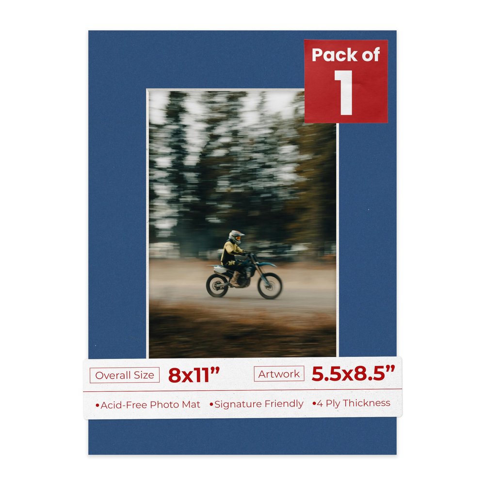 8x11 Mat Bevel Cut for 5.5x8.5 Photos - Acid Free Bottle Blue Precut Matboard With Backing Board and Crystal Clear, Self Seal Photo Mat Bag - For Pictures, Photos, Framing - 4-ply Thickness