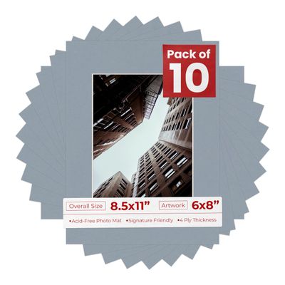 Poster Palooza Pack of Ten Acid Free 8.5x11 Mats Bevel Cut for 6x8 Photos - Mid Grey Precut Matboards With Backing Boards and Self Seal Photo Mat Bags For Pictures, Photos, Framing - 4-ply Thickness
