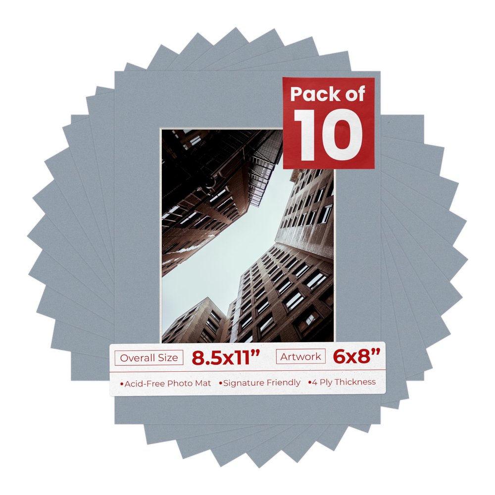 Poster Palooza Pack of Ten Acid Free 8.5x11 Mats Bevel Cut for 6x8 Photos - Mid Grey Precut Matboards With Backing Boards and Self Seal Photo Mat Bags For Pictures, Photos, Framing - 4-ply Thickness