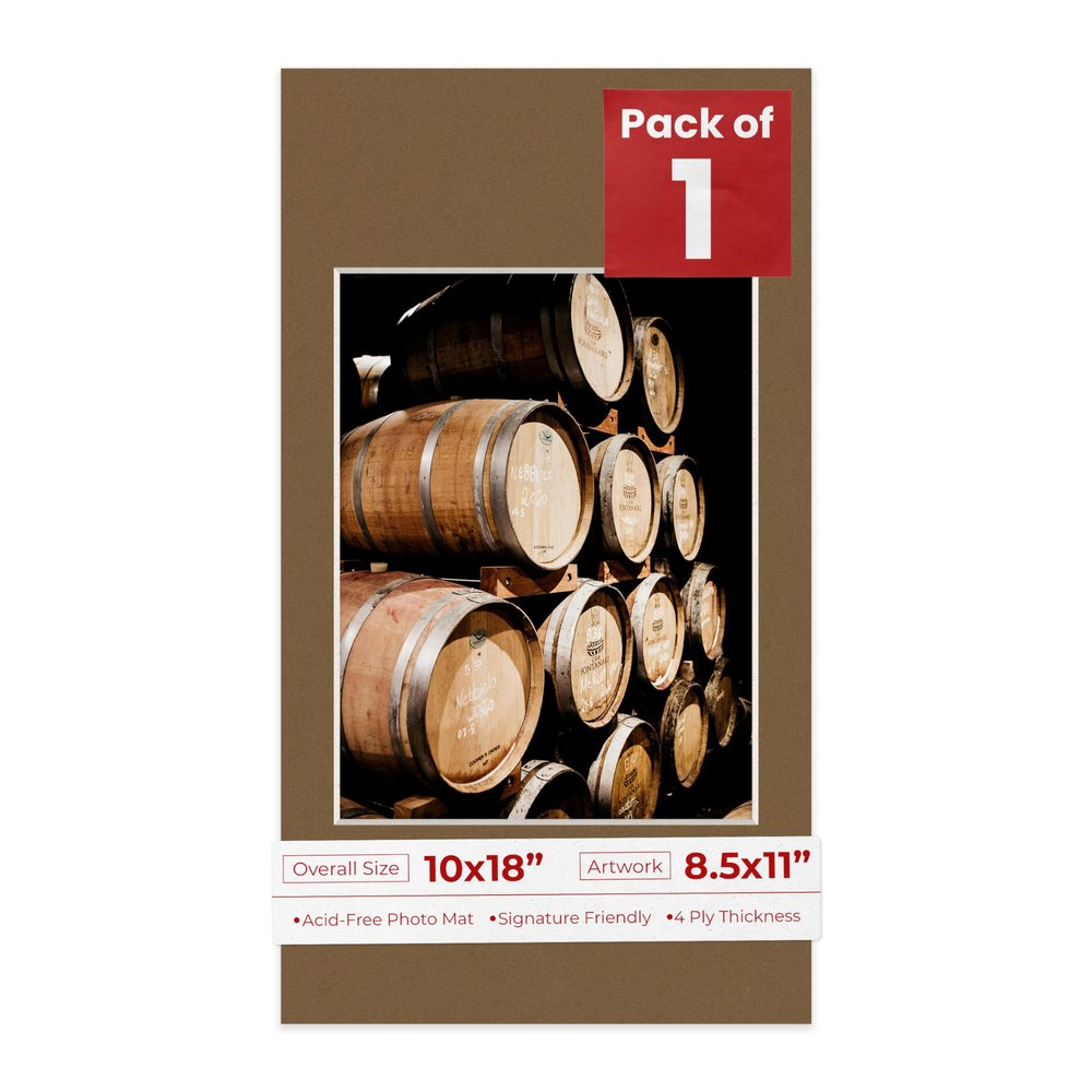 10x18 Mat Bevel Cut for 8.5x11 Photos - Acid Free Aged Oak Brown Precut Matboard With Backing Board and Crystal Clear, Self Seal Photo Mat Bag - For Pictures, Photos, Framing - 4-ply Thickness
