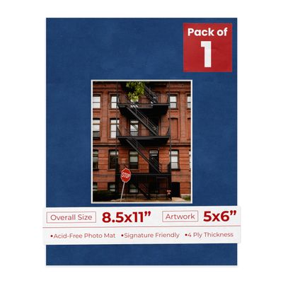 Poster Palooza 8.5x11 Mat Bevel Cut for 5x6 Photos - Acid Free Brooke Blue Suede Precut Matboard - For Pictures, Photos, Framing - 4-ply Thickness