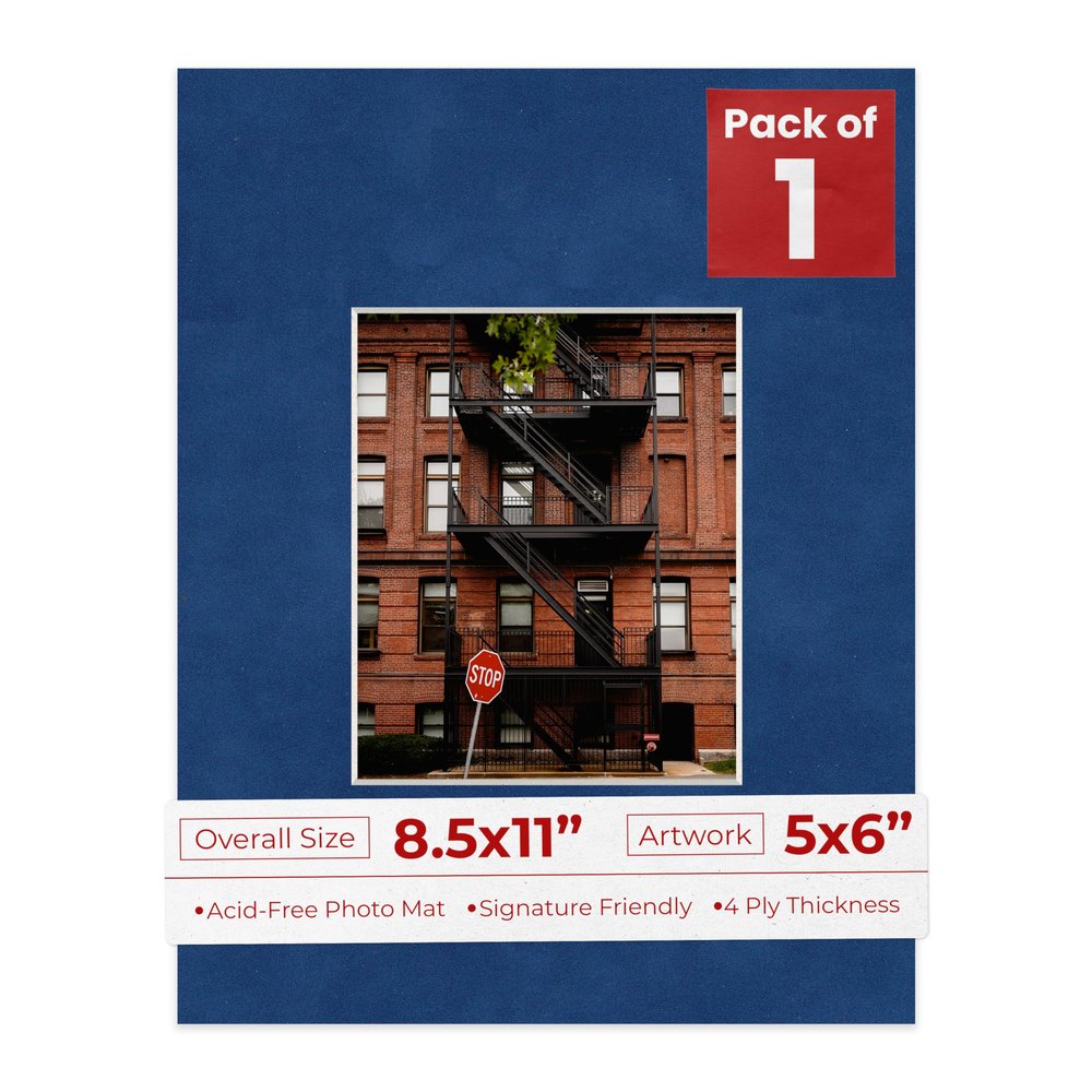 Poster Palooza 8.5x11 Mat Bevel Cut for 5x6 Photos - Acid Free Brooke Blue Suede Precut Matboard - For Pictures, Photos, Framing - 4-ply Thickness