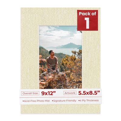9x12 Mat Bevel Cut for 5.5x8.5 Photos - Acid Free Fresh Linen Canvas Precut Matboard With Backing Board and Crystal Clear, Self Seal Photo Mat Bag - For Pictures, Photos, Framing - 4-ply Thickness
