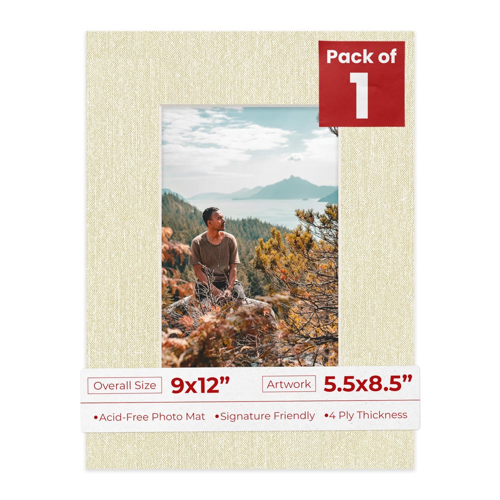 9x12 Mat Bevel Cut for 5.5x8.5 Photos - Acid Free Fresh Linen Canvas Precut Matboard With Backing Board and Crystal Clear, Self Seal Photo Mat Bag - For Pictures, Photos, Framing - 4-ply Thickness