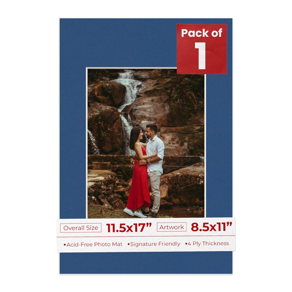 11.5x17 Mat Bevel Cut for 8.5x11 Photos - Acid Free Bottle Blue Precut Matboard With Backing Board and Crystal Clear, Self Seal Photo Mat Bag - For Pictures, Photos, Framing - 4-ply Thickness