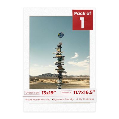 13x19 Mat Bevel Cut for 11.7x16.5 Photos - Acid Free Oyster Shell White Precut Matboard With Backing Board and Crystal Clear, Self Seal Photo Mat Bag - For Pictures, Photos, Framing - 4-ply Thickness